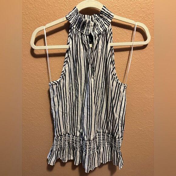 INC Women's Black/White Striped Keyhole Smocked-Waist Halter Top - Picture 3 of 9